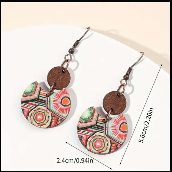 Boho Colorful Print Segmented Wooden Drop Style Earrings - Picture 5 of 6